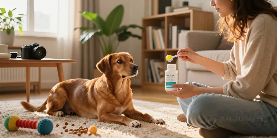 Joint supplement for dogs in a cozy living room scene with a happy dog and owner bonding.