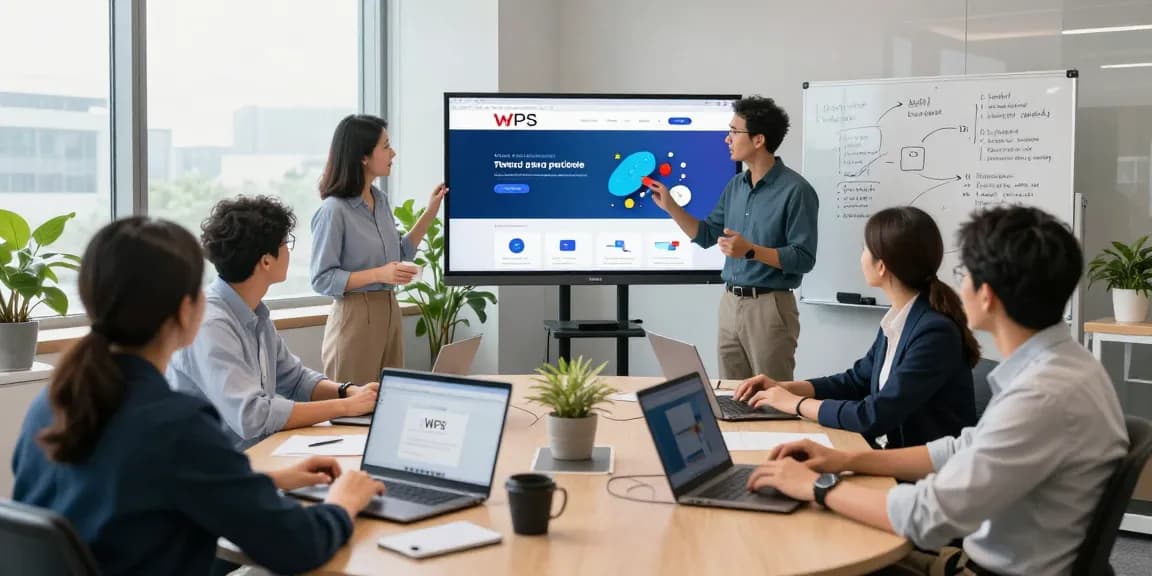 Collaborative office scene highlighting the WPS Official Website features and teamwork in a tech environment.