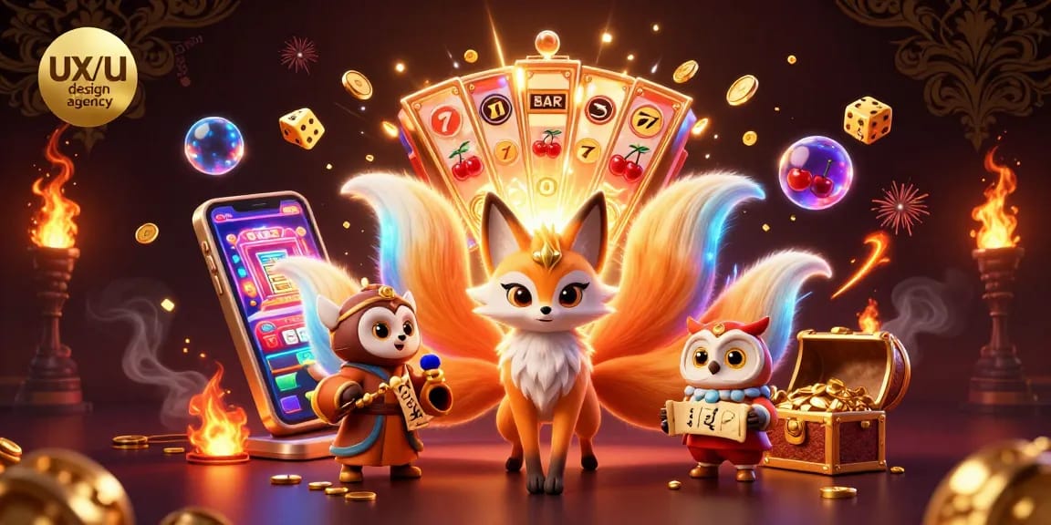 Engage with the vibrant action of a UX/UI design agency scene featuring slot machines and a mystical nine-tailed fox.