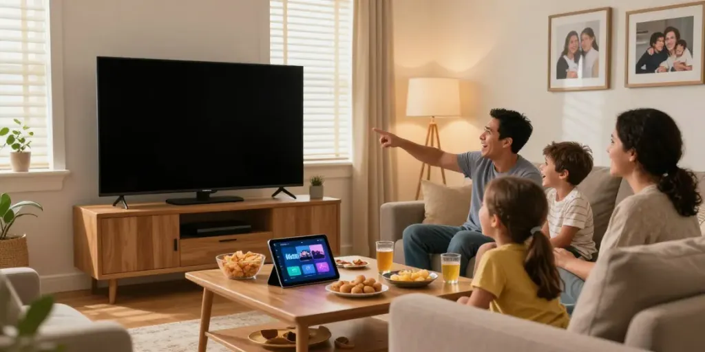 Excited family enjoying a cozy movie night while downloading MovieBox.