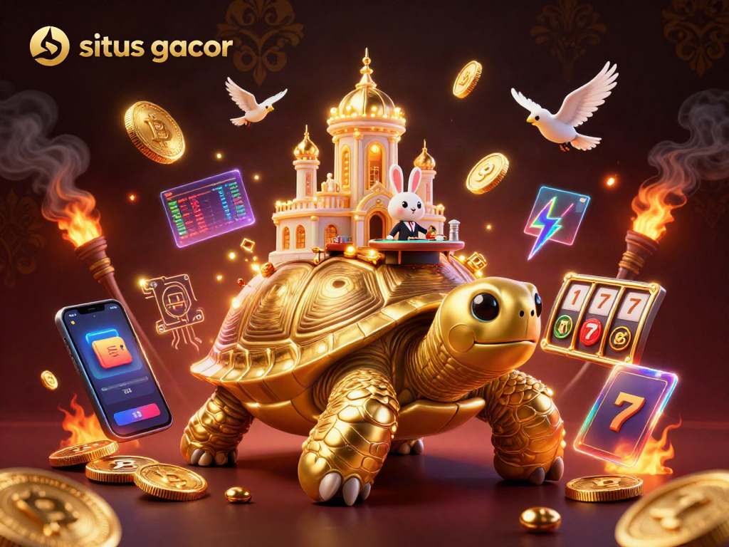 Spin the reels and win at situs gacor with a vibrant 3D casino scene featuring a golden tortoise.