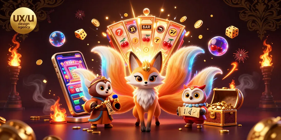 Engage with the vibrant action of a UX/UI design agency scene featuring slot machines and a mystical nine-tailed fox.