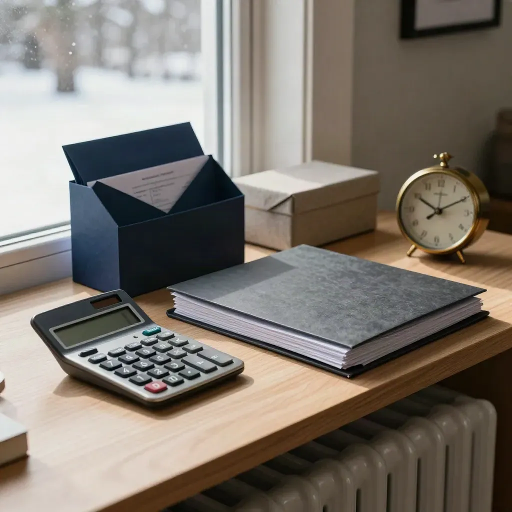 Winter-window sideboard with calculator, receipt box, brass clock and closed folder in warm afternoon light.