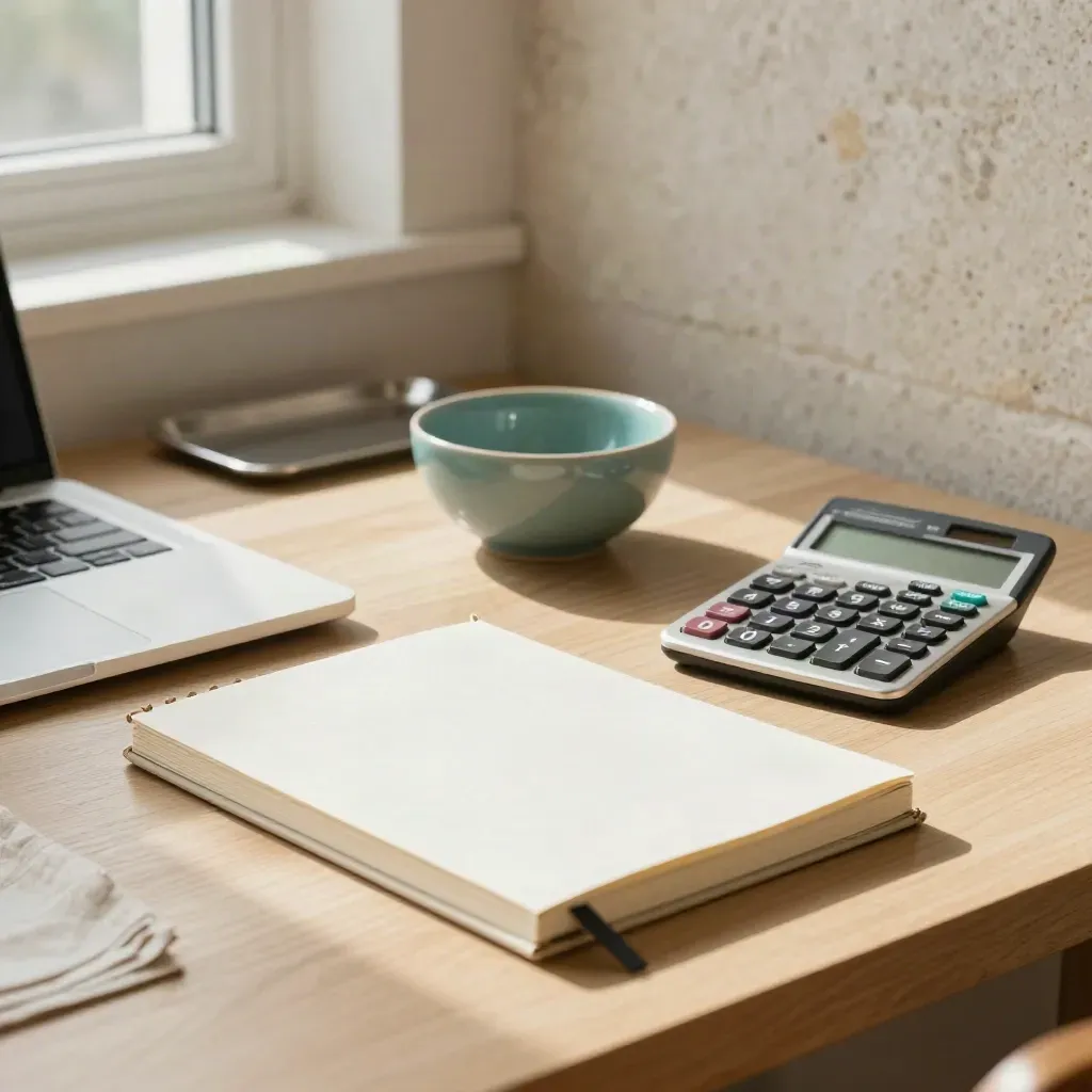 Closed laptop, notebook, calculator and teal bowl on a warm condo desk beside pale stone wall.