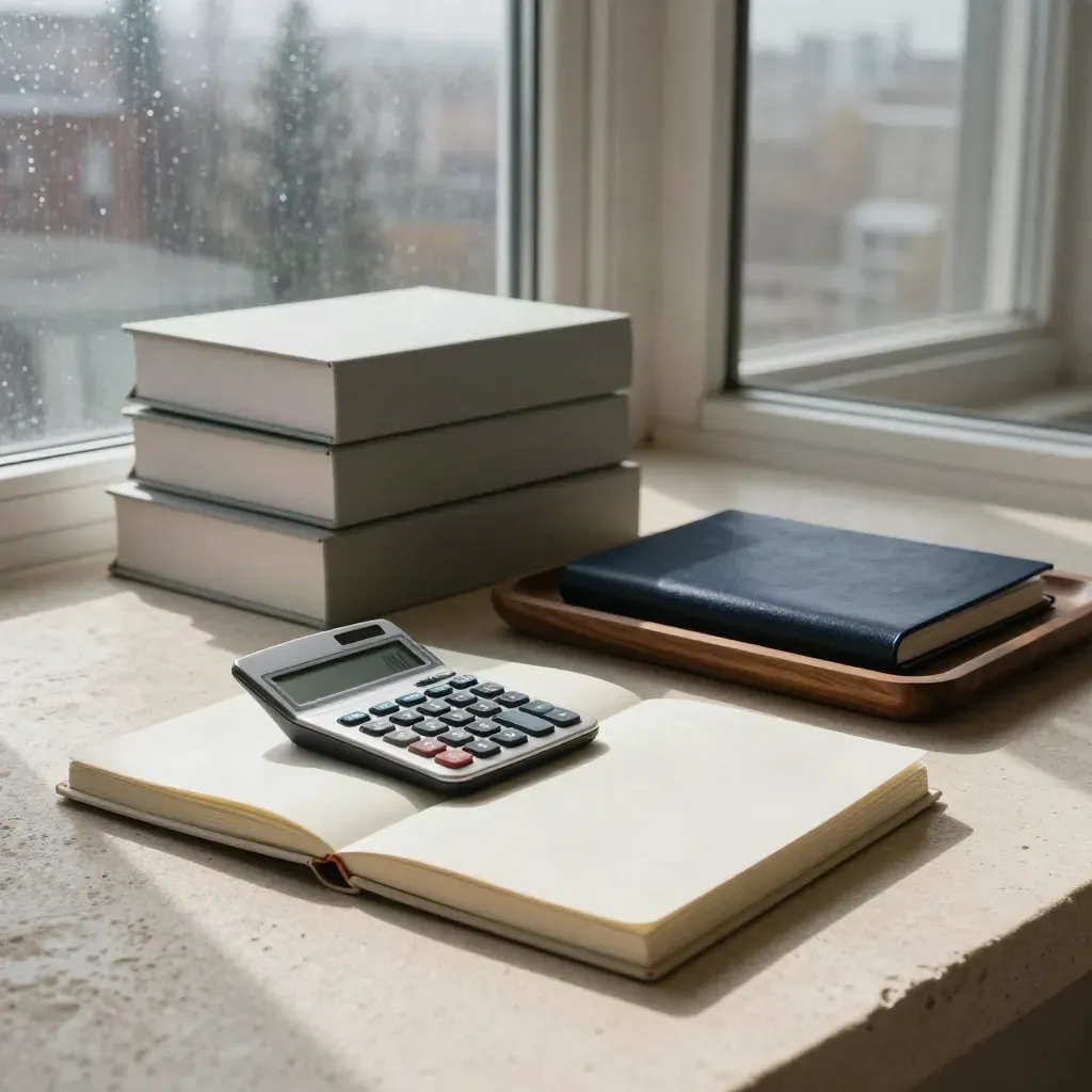 Morning finance planning set with notebooks, calculator and file boxes by a misty city window.
