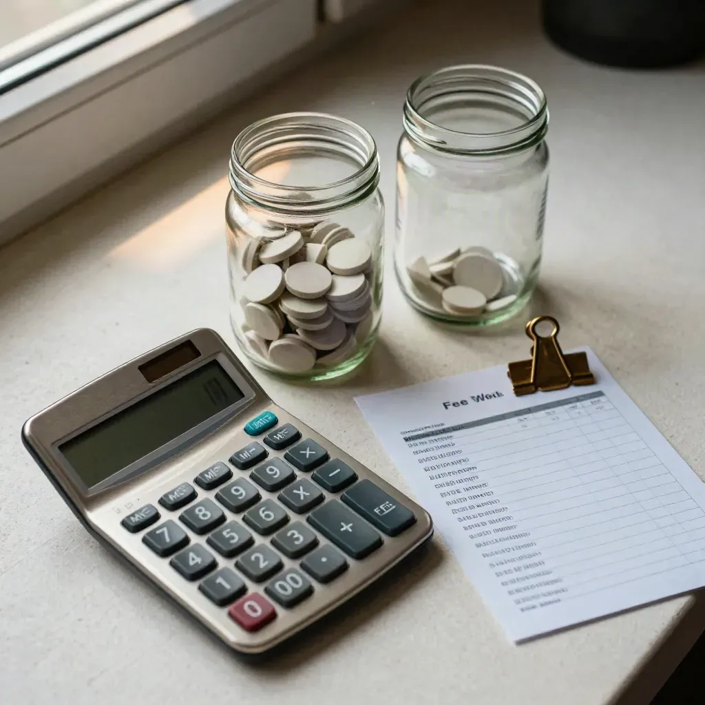 Top-down finance still life with calculator, two jars, turned checklist card and bronze clip on plaster.