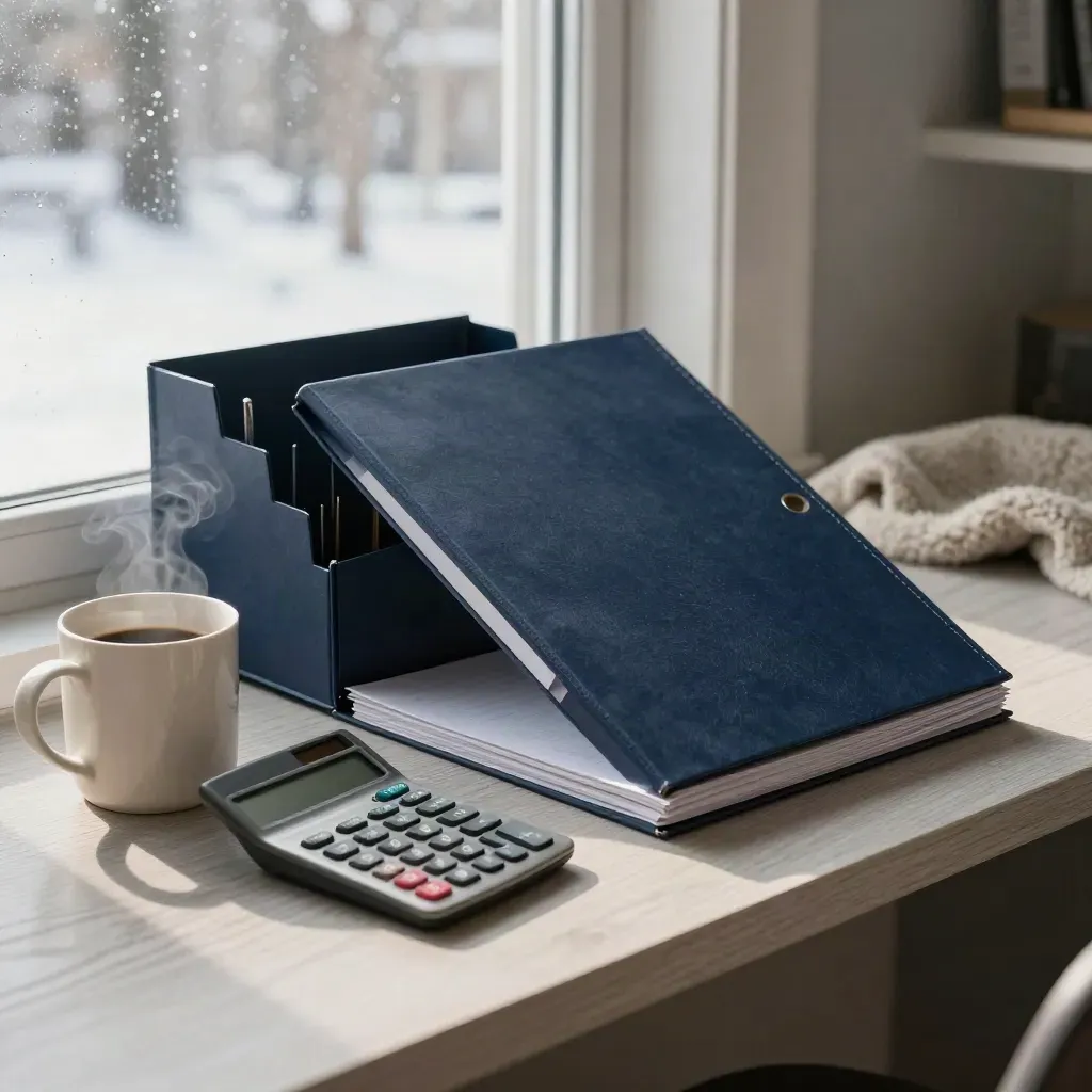 Window desk with calculator, tax organizer, coffee mug and navy file sleeve in soft afternoon light.