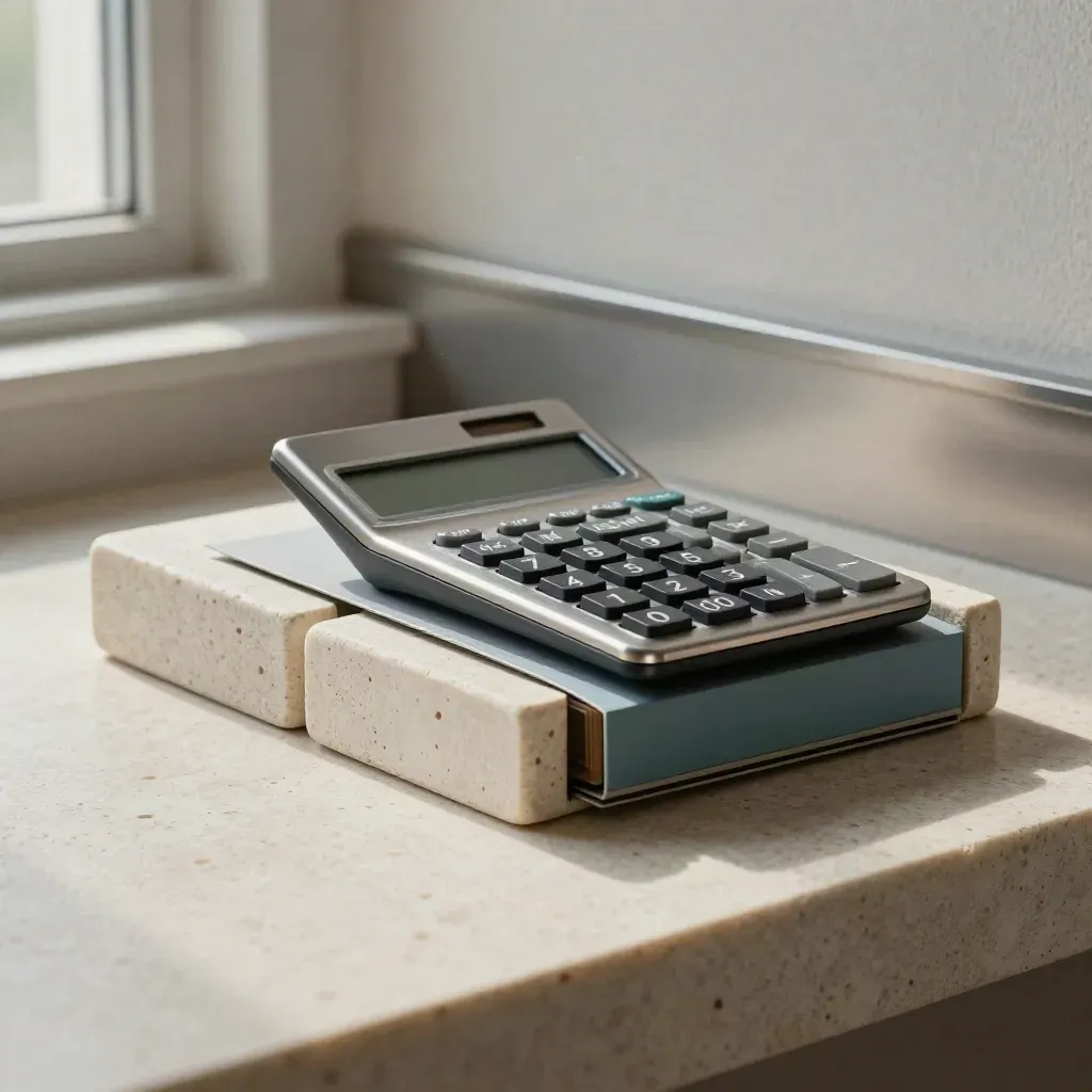 Pared-back finance shelf with two allocation blocks, calculator, and muted teal divider in motion