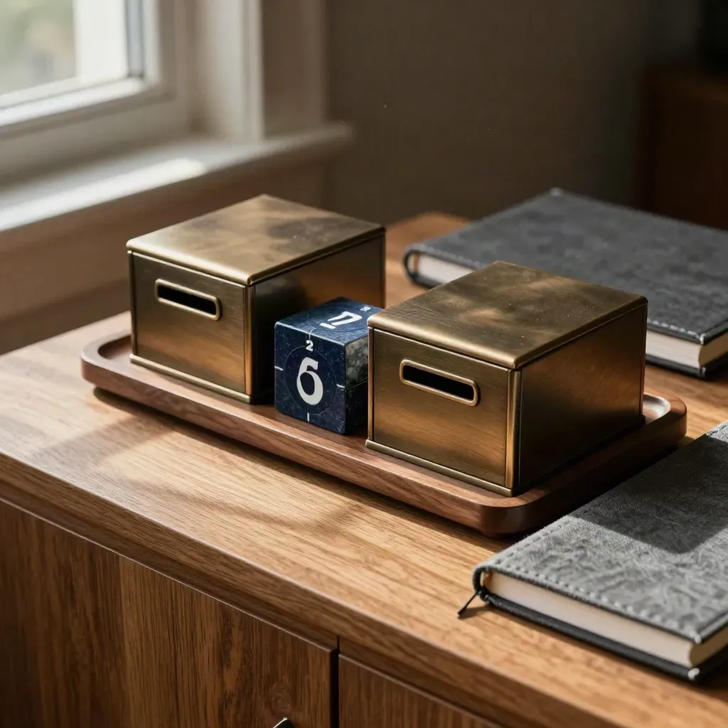 Macro of bronze deposit boxes, tray, calendar cube and closed notebooks on warm oak.