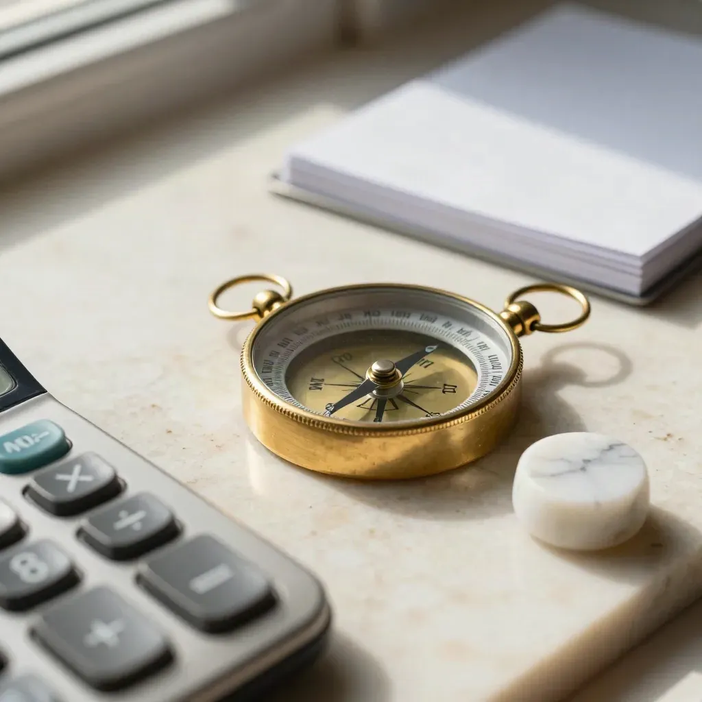Brass compass, calculator edge, and marble weight on travertine in macro detail.