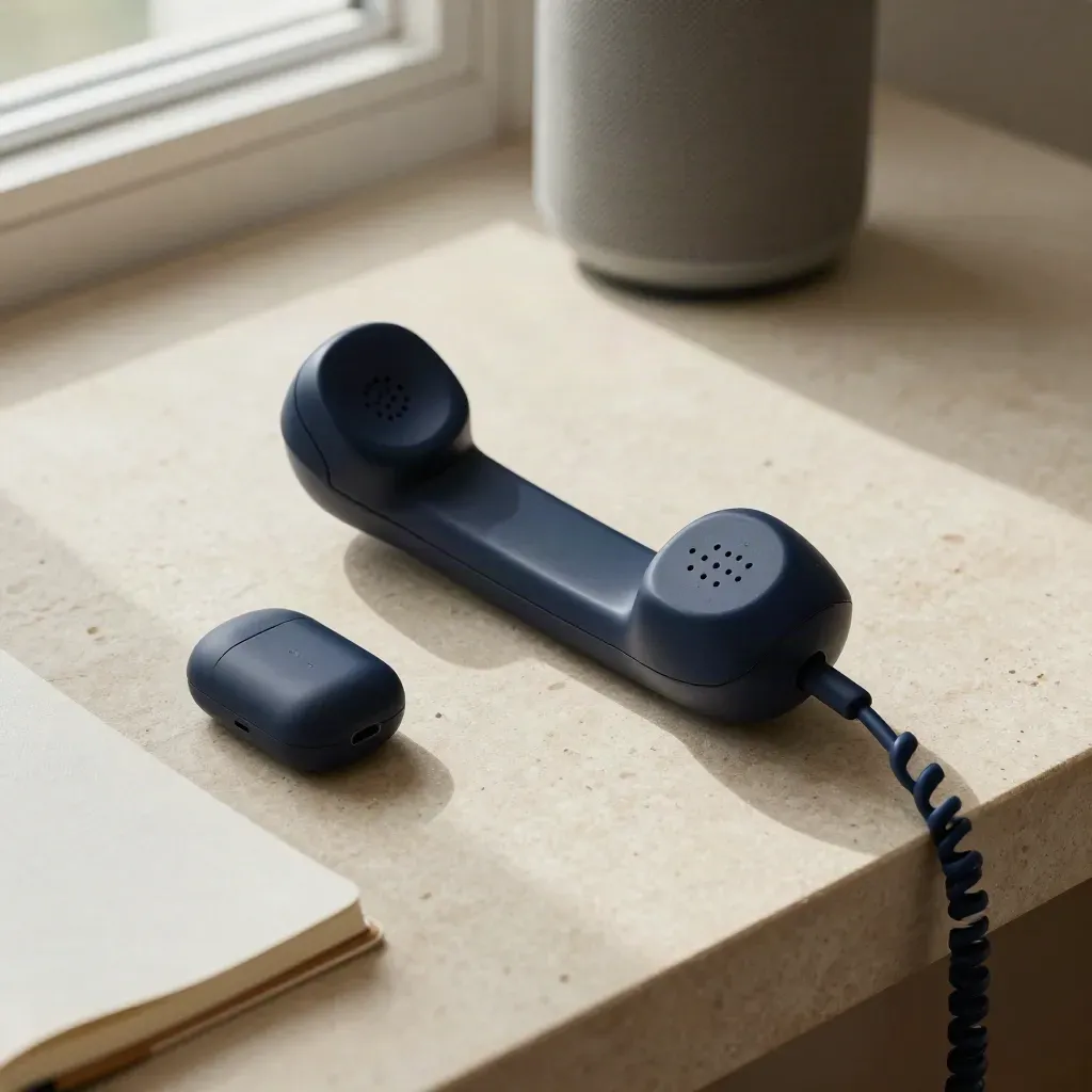 Handset on charger beside earbuds, speaker, and closed notebook on stone