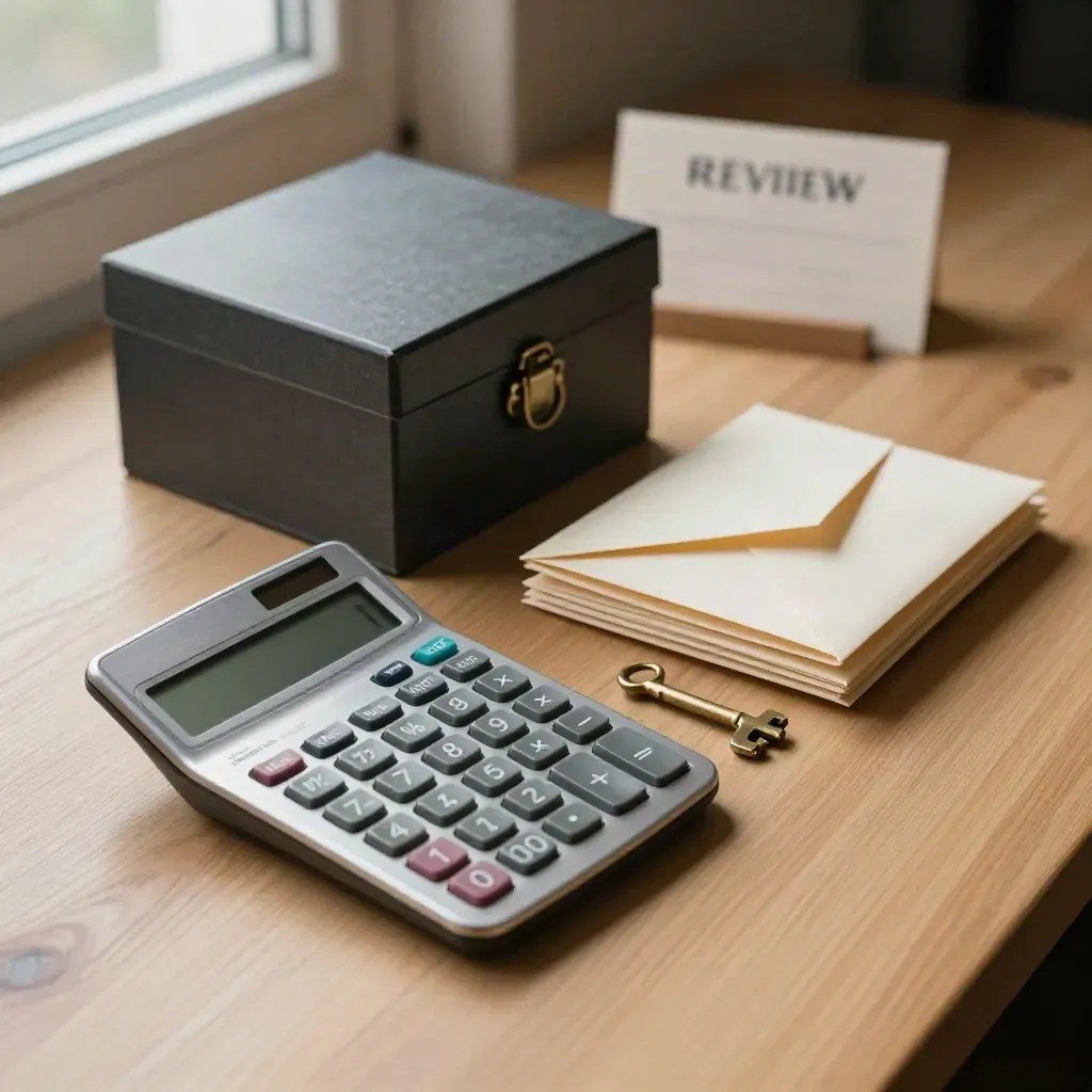 Calculator, locked file box, envelopes and brass key on pale oak with soft window light.