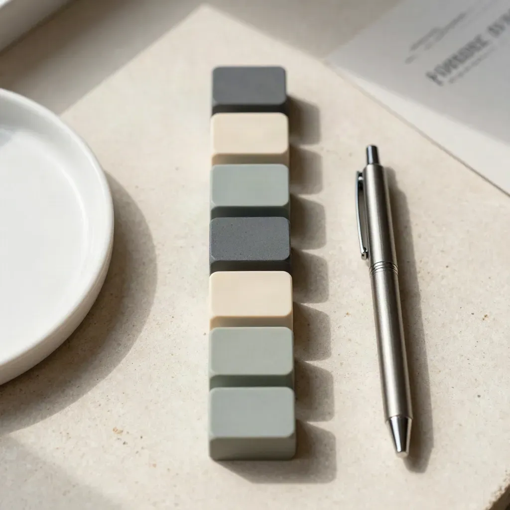 Overhead still life of portfolio blocks, a pen, and a ceramic tray on pale stone with soft green accents