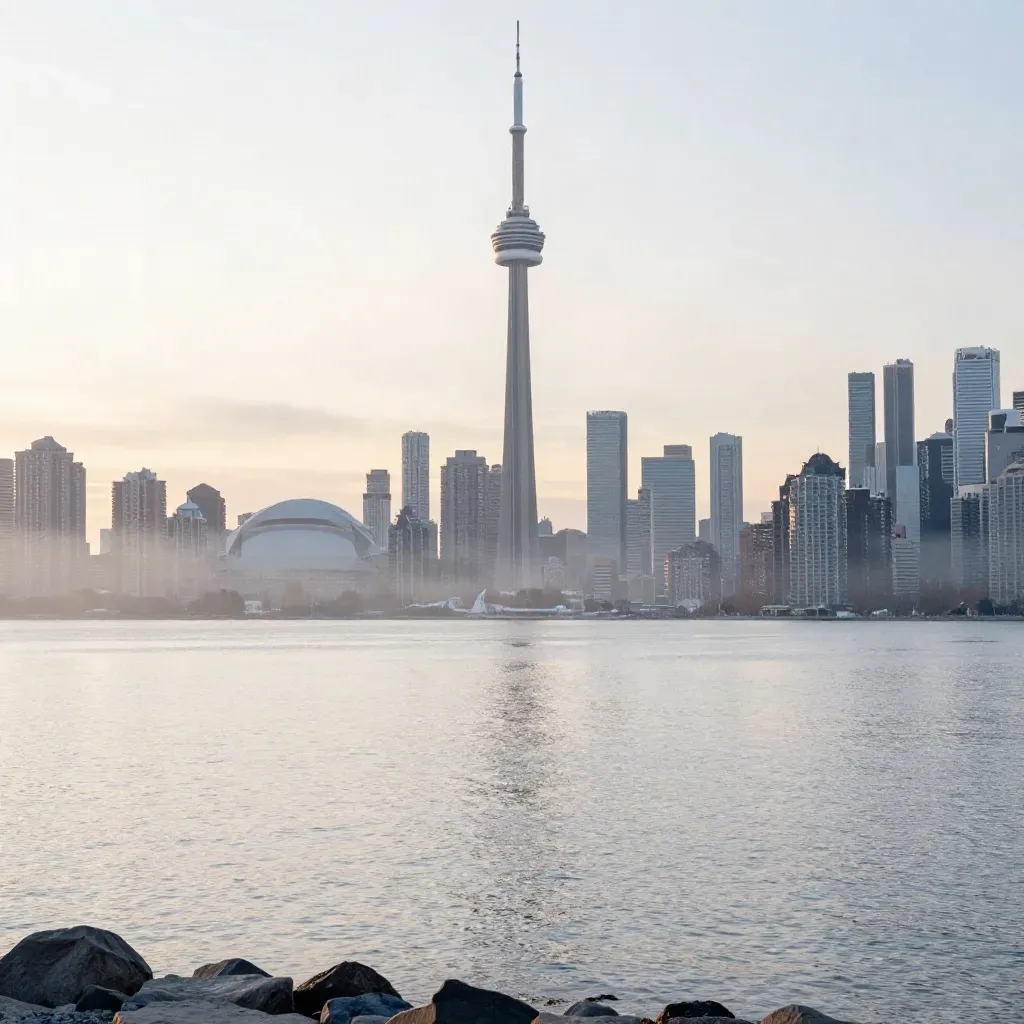 Toronto skyline with CN Tower above a misty lakefront at dawn, calm water below