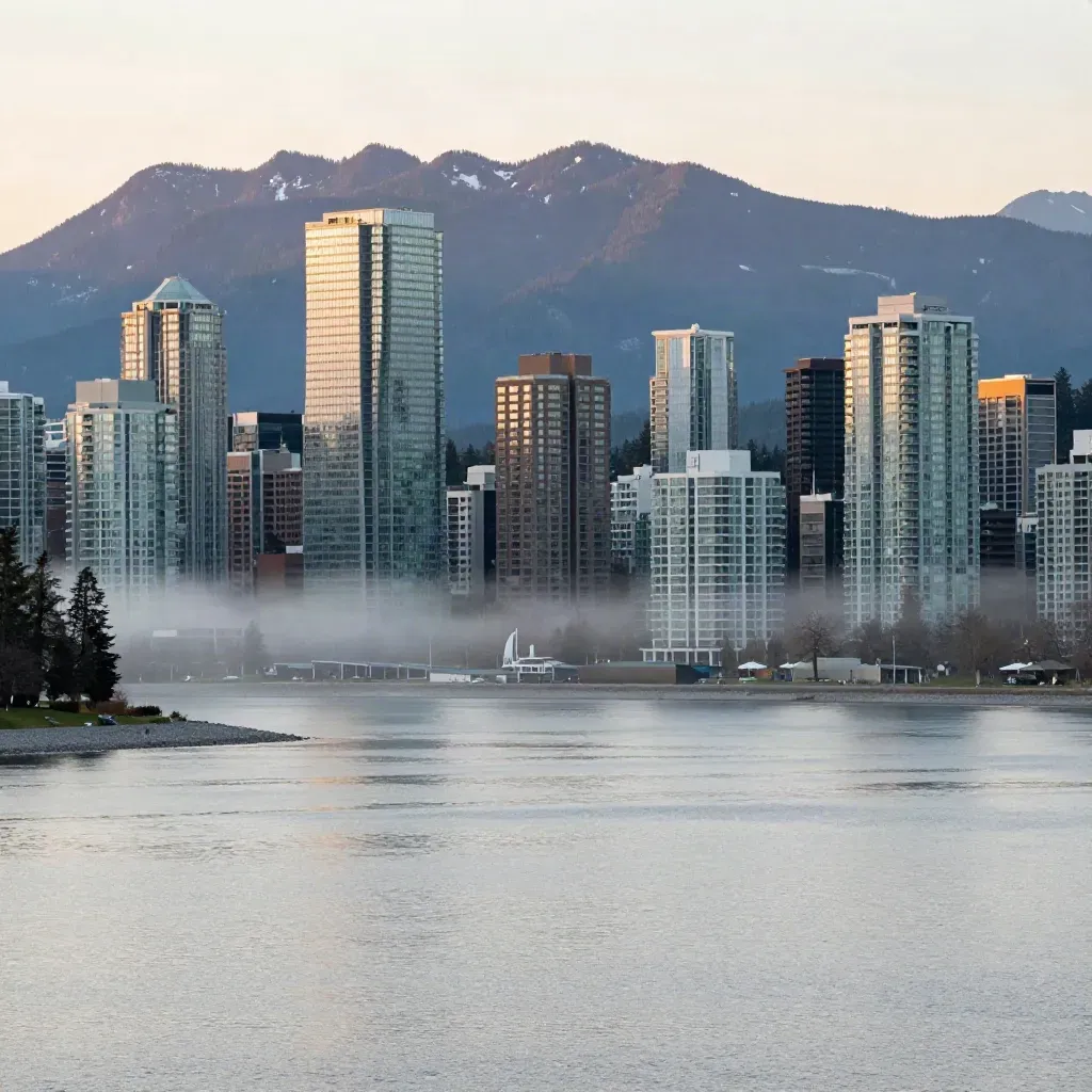 Vancouver skyline and North Shore mountains above misty water and seawall