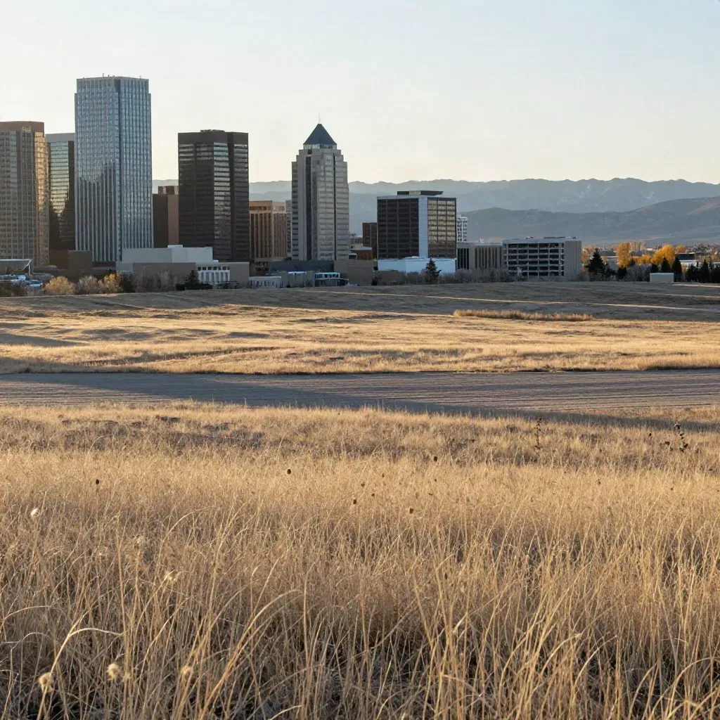 Calgary city edge with the Rockies beyond sunlit prairie grass at golden hour.