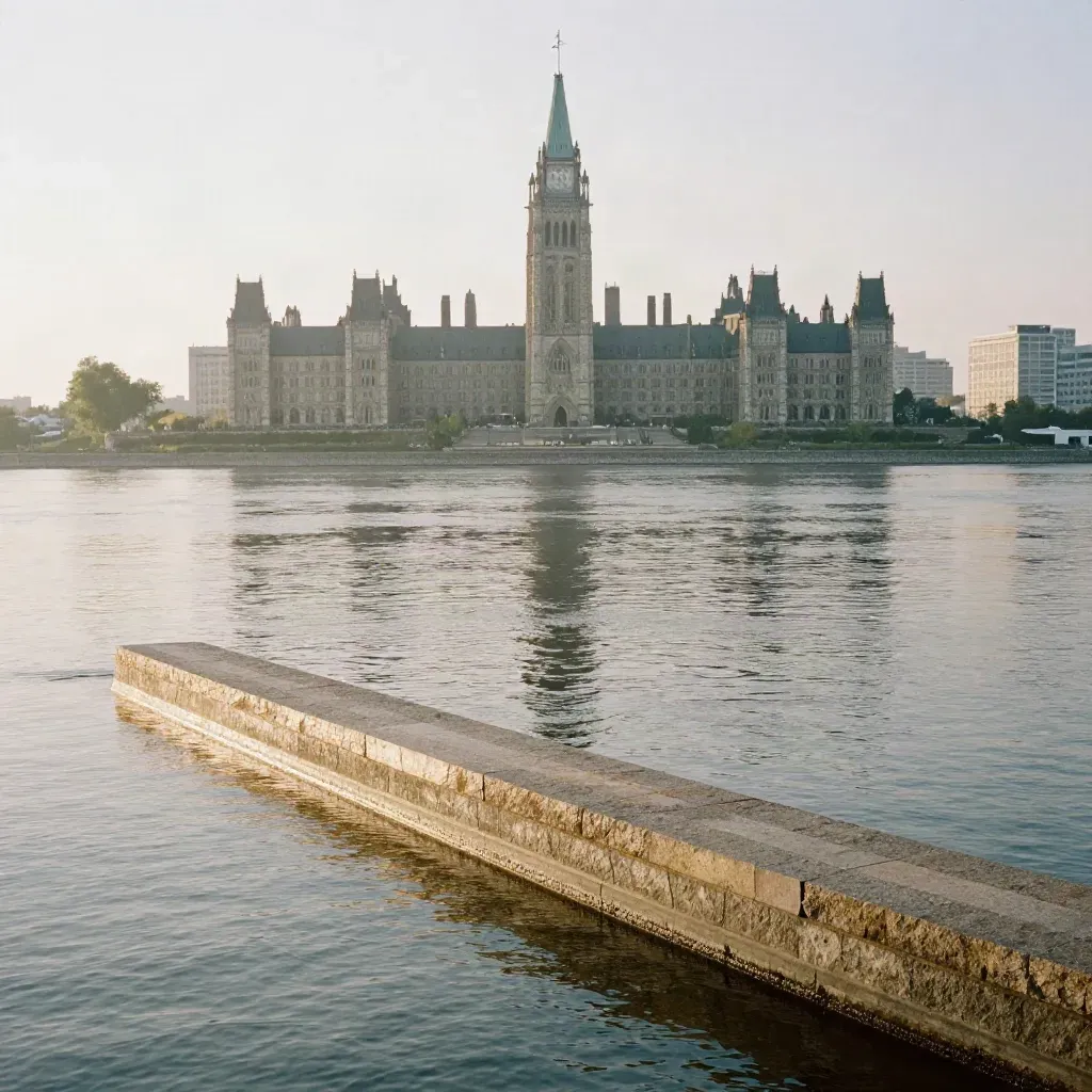 Ottawa River and Parliament Hill in evening haze over a calm open water surface.