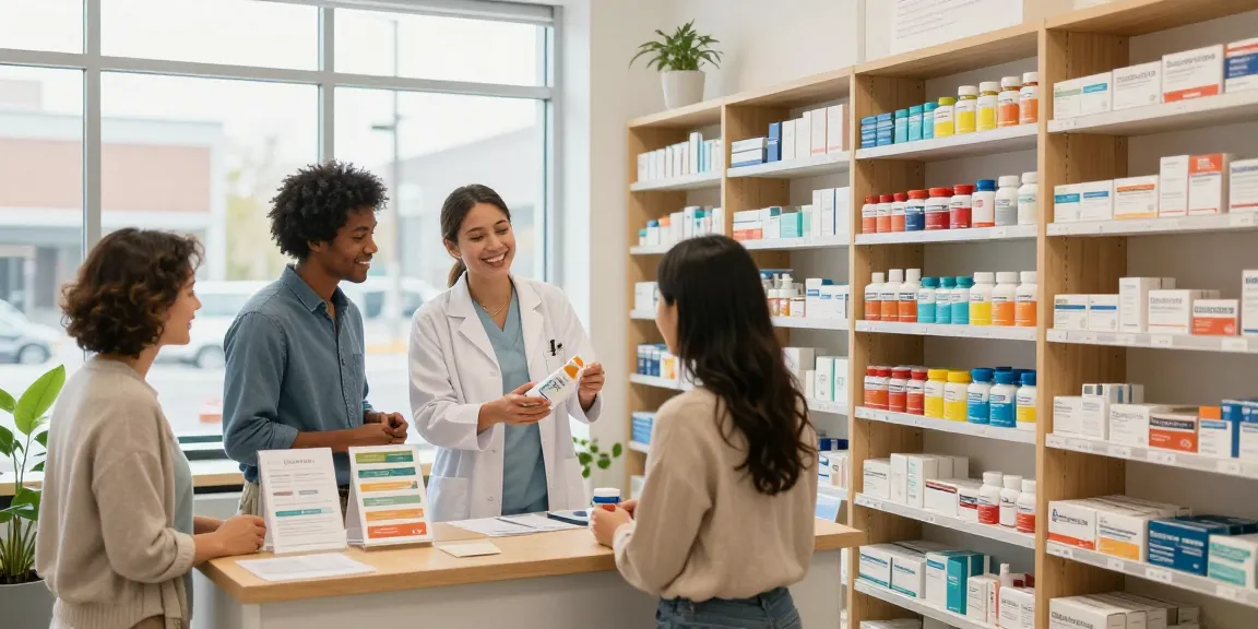 Canada medical shop with pharmacist helping diverse couple choose health products in bright, inviting atmosphere.