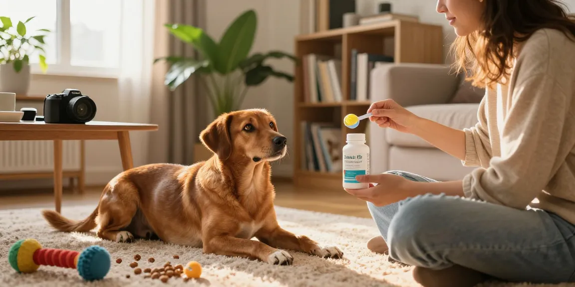Joint supplement for dogs in a cozy living room scene with a happy dog and owner bonding.