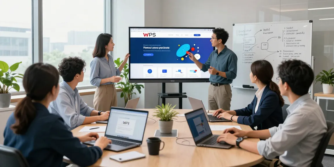 Collaborative office scene highlighting the WPS Official Website features and teamwork in a tech environment.