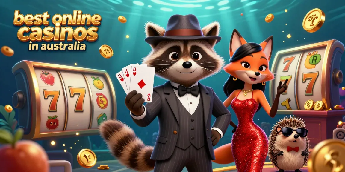 Explore the vibrant world of the best online casinos in Australia with a raccoon holding a royal flush hand.
